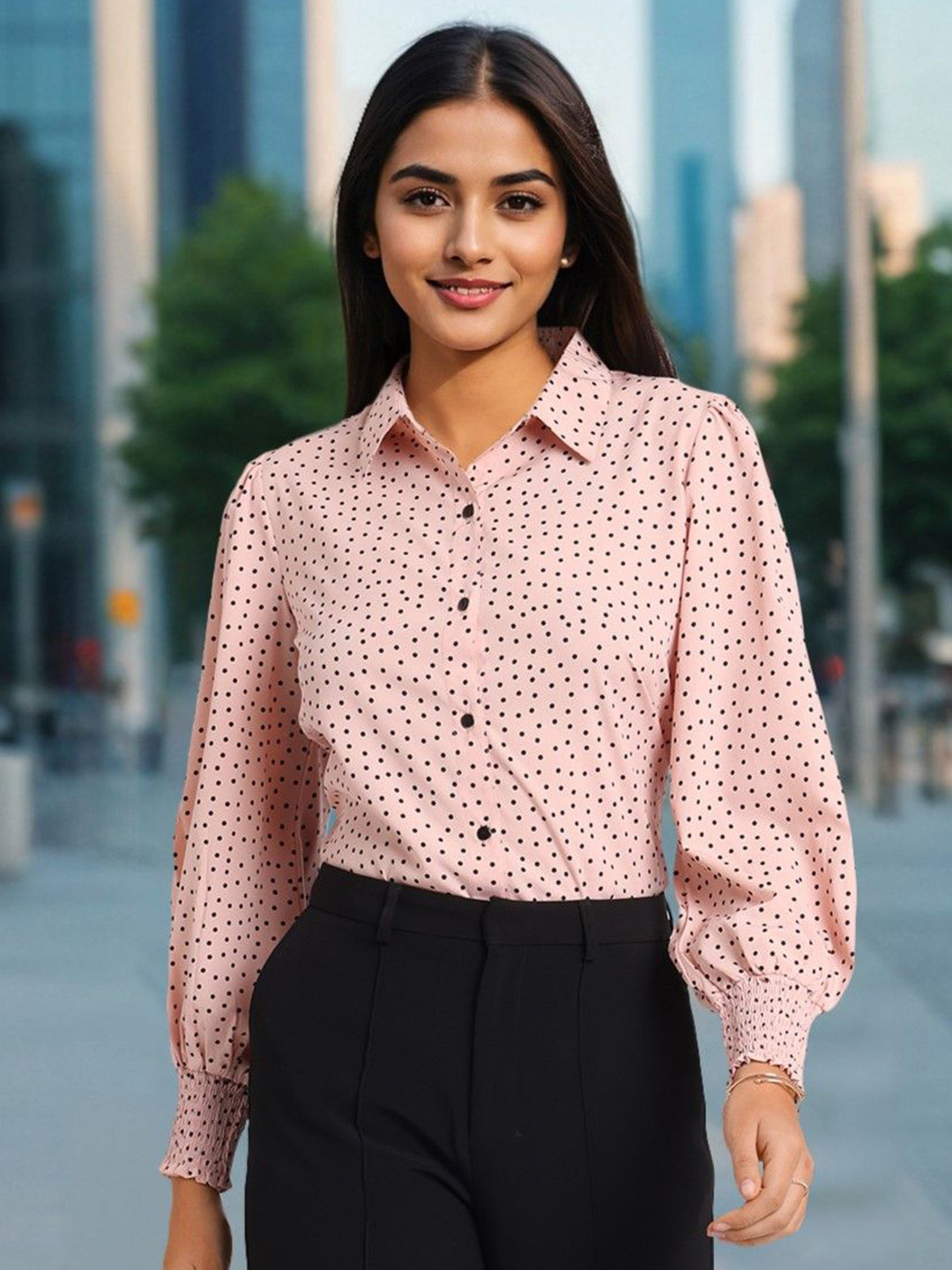 Style Quotient Women Smart Fit Polka Dots Printed Spread Collar Casual Shirt
