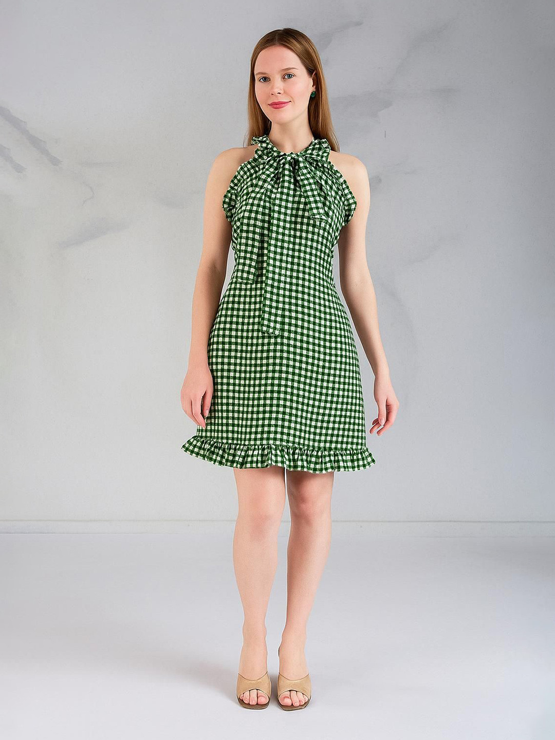 HOUSE OF MIRA  Women Gingham Checked Halter Neck Ruffle Backless A-Line Mini Dress