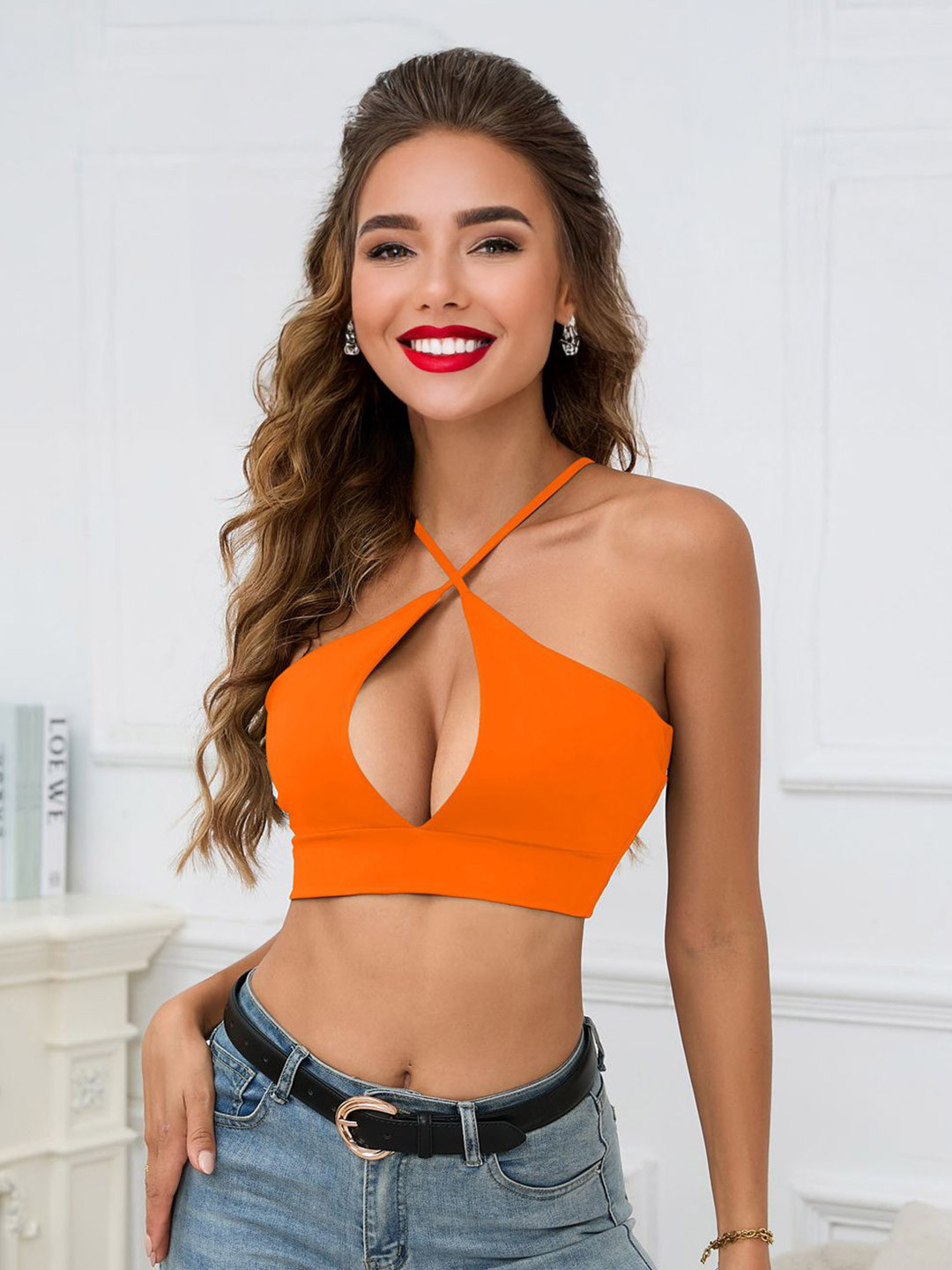 StyleCast Women Halter Neck Sleeveless Cut Out Blouson Crop Top