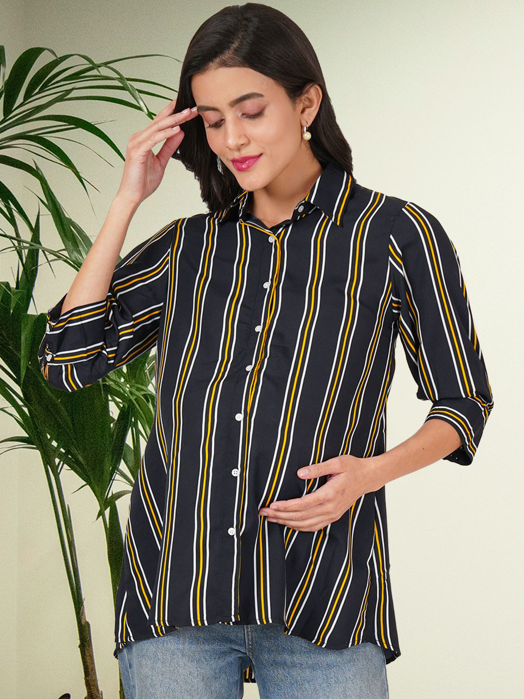 BAESD Women Maternity Striped Shirt Collar Shirt Style Longline Top