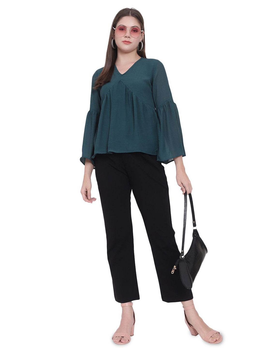 God's Club Women Self Design V-Neck Bell Sleeve Cotton Empire Top