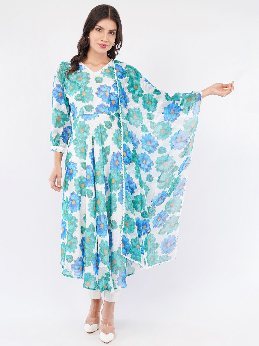 Mishy Women Floral Printed Anarkali Kurta with Trousers & Dupatta