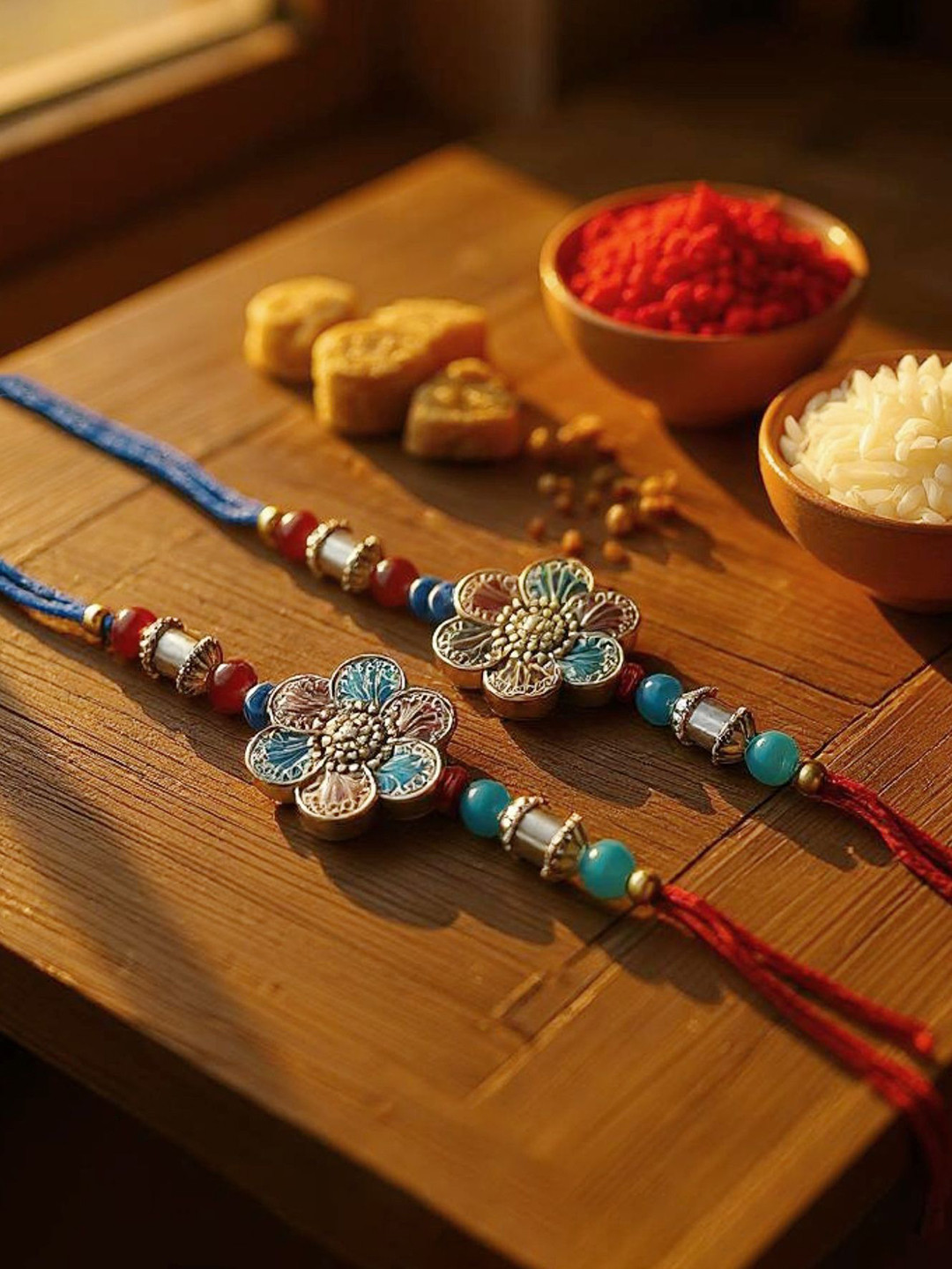 LUCKY JEWELLERY Set Of 2 Silver-Plated Greeting Card With Rakhi Gift Set