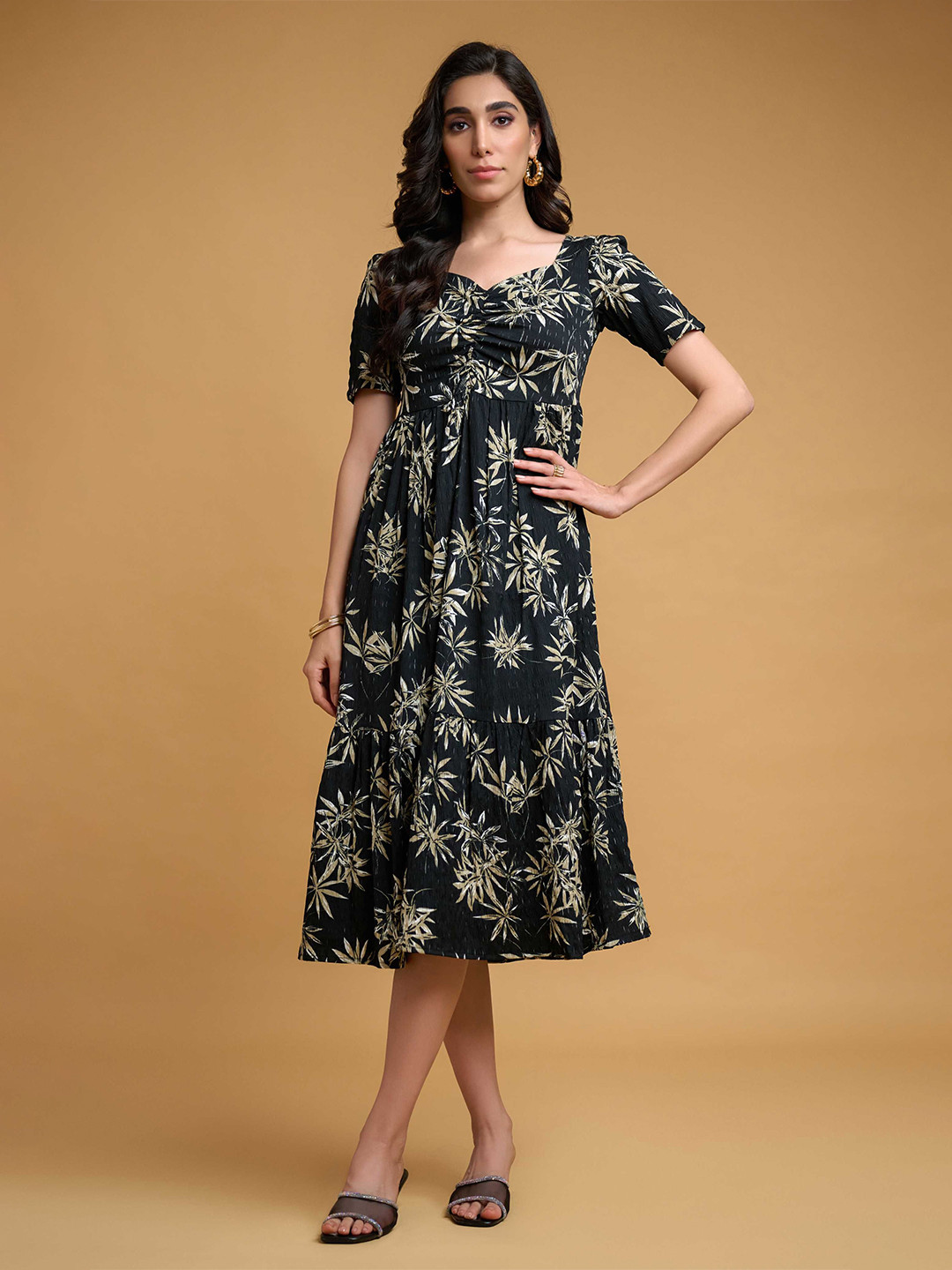 R.Code by The Roadster Life Co. Women Tropical Print Layered Fit & Flare Midi Dress