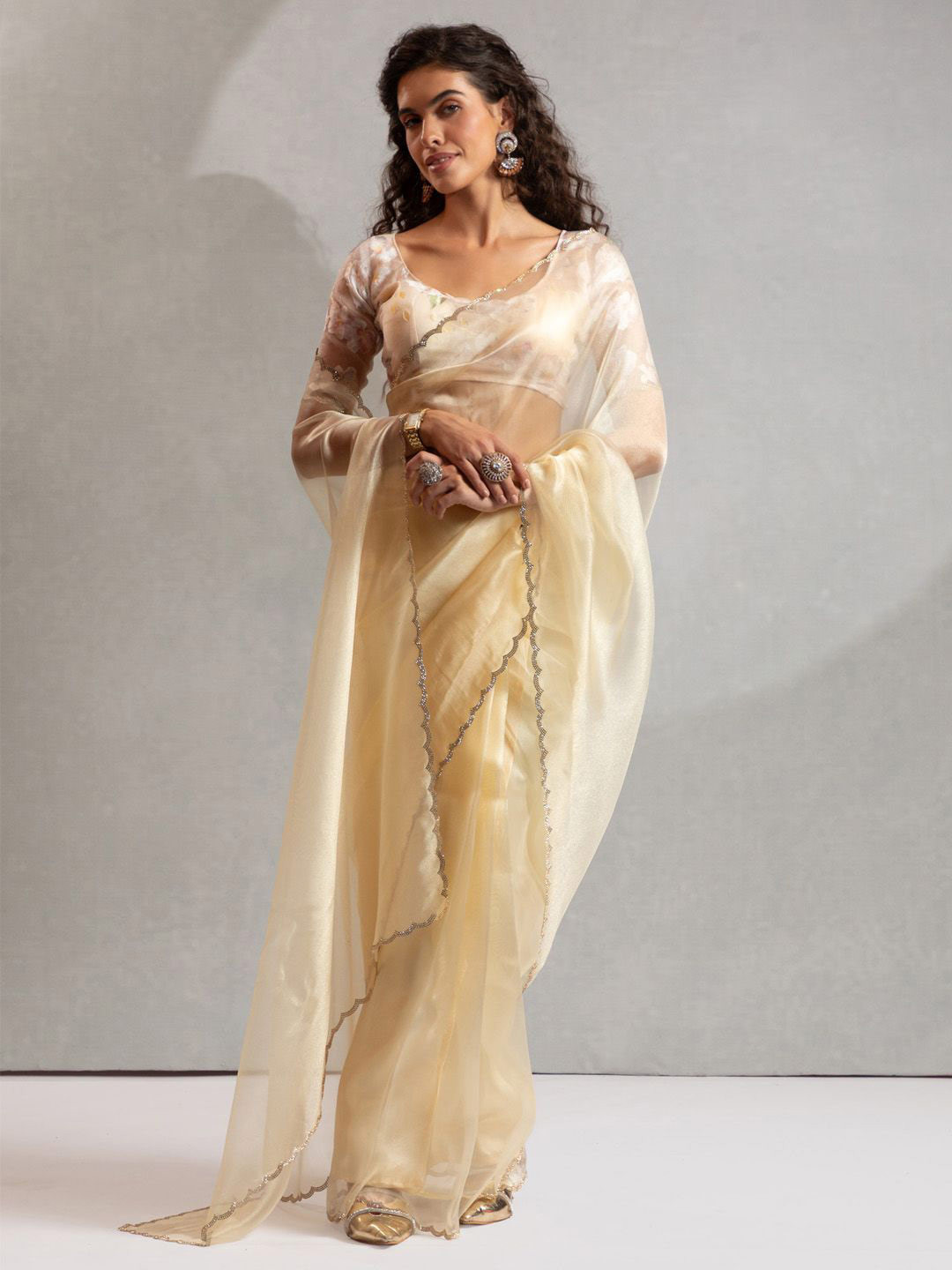 Anouk Women Solid Embellished Beads and Stones Ready to wear Organza Saree