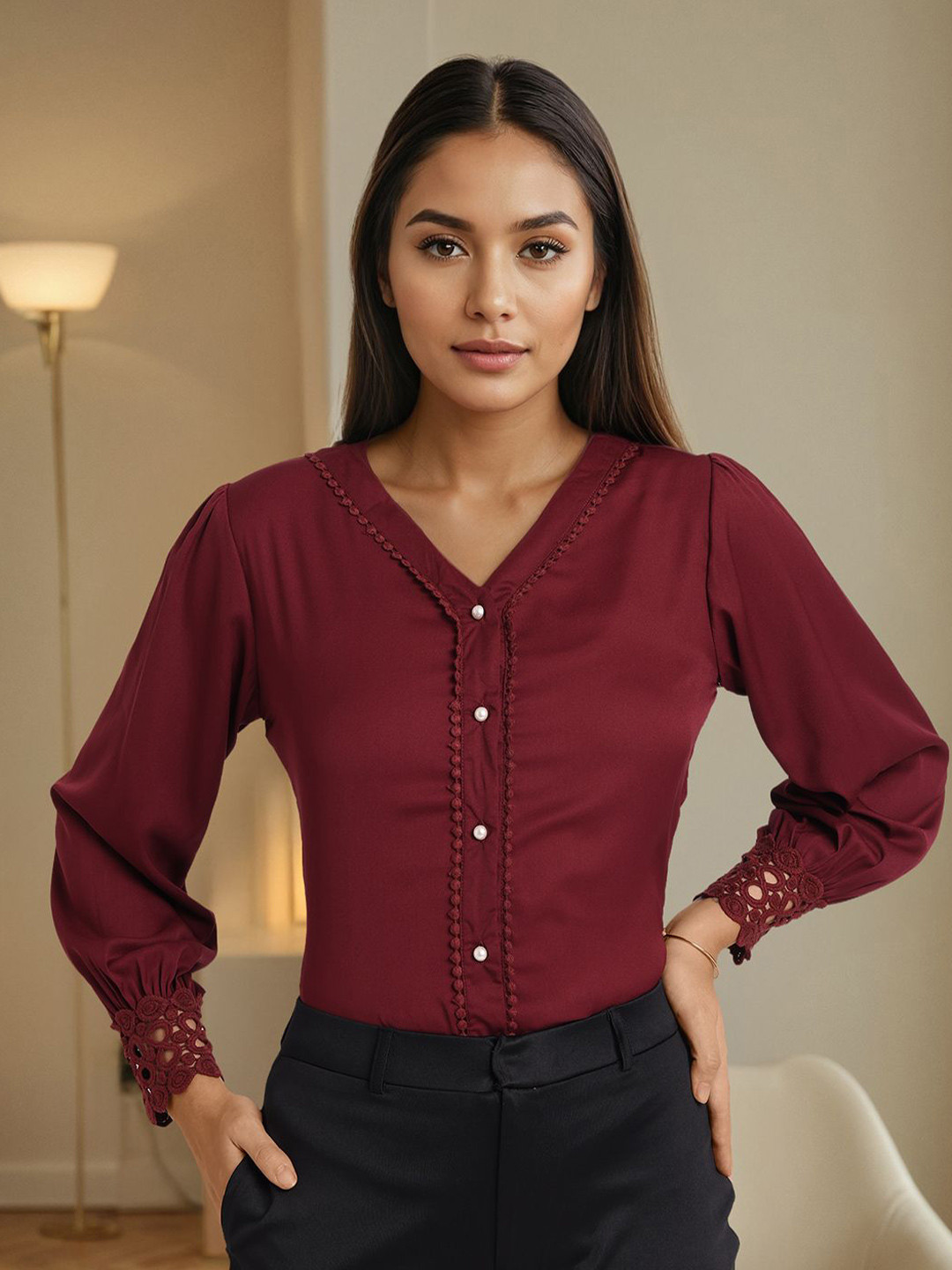 Style Quotient Smart V- Neck Puff Sleeves Formal Shirt
