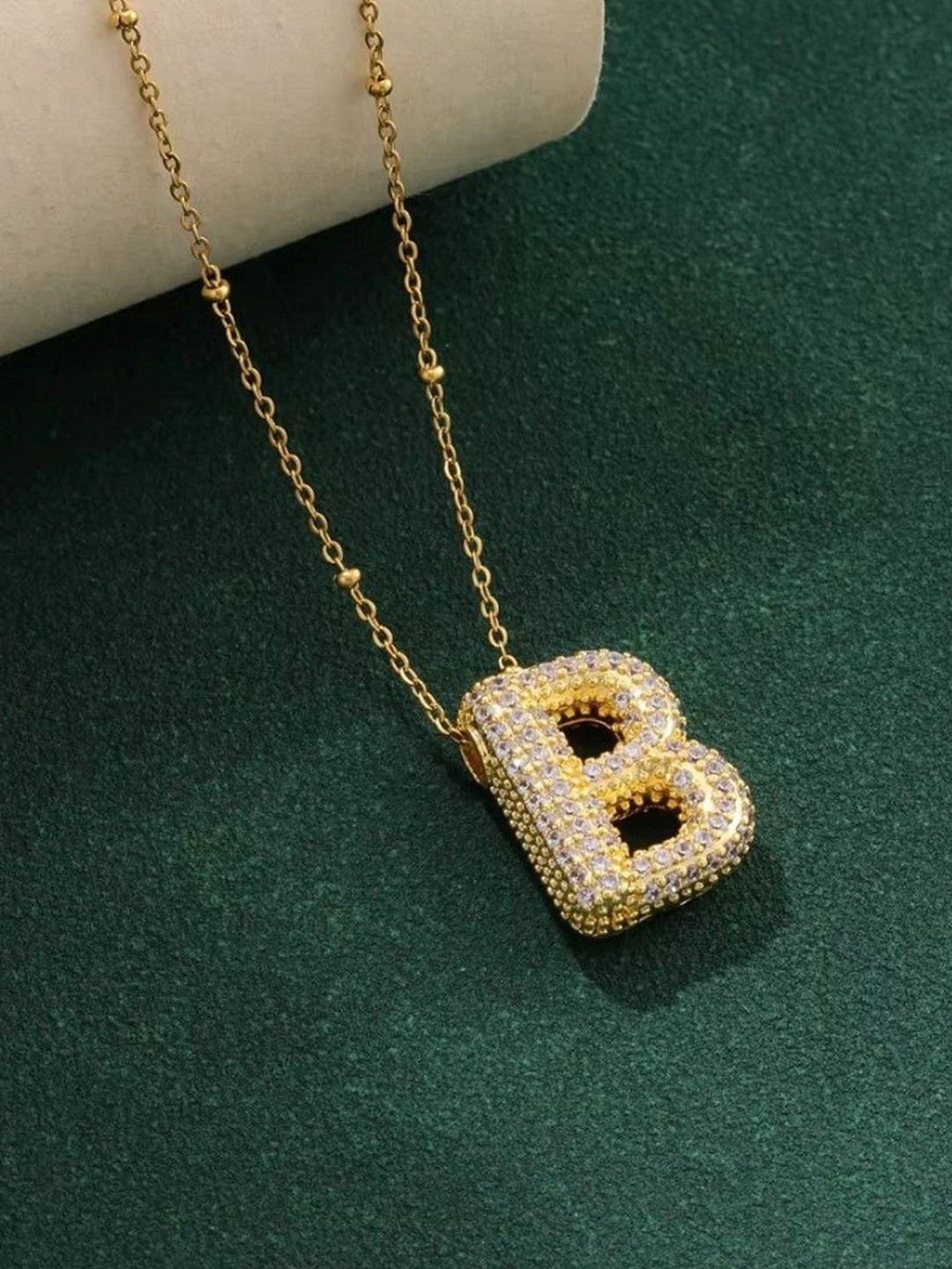 VIEN Stainless Steel 18K Gold-Plated Zircon-Studded B Letter Pendant With Chain