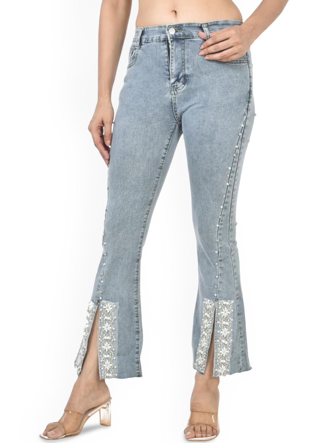 ADC SHEMONA Women Flared Mid-Rise Light Fade Embellished Stretchable Jeans