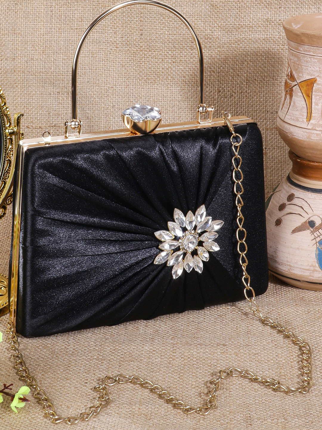 MISHA Crystal Bloom Embellished Textured Box Clutch