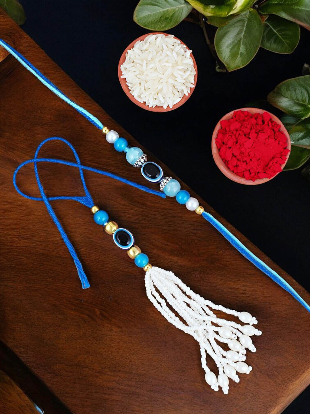 LUCKY JEWELLERY Unisex Pack of 2 Lumba Rakhis Greeting Card & Roli Chawal