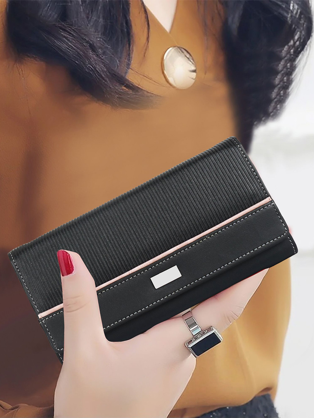 NORVE Women Textured Clutch Type Envelope Wallet with Button Closure