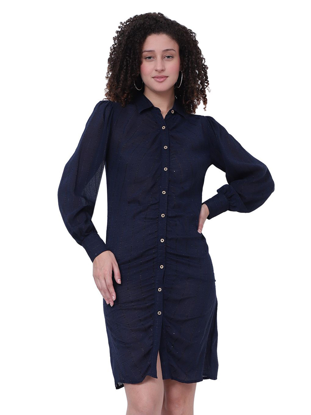 God's Club Women Self Design Shirt Collar Gathered or Pleated Cuffed Sleeves Shirt Dress