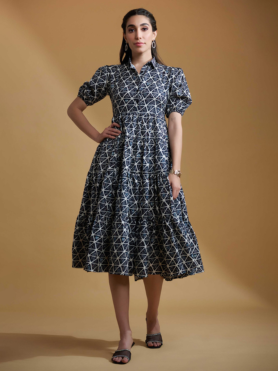 R.Code by The Roadster Life Co. Women Print Bell Sleeve Layered Shirt Midi Dress