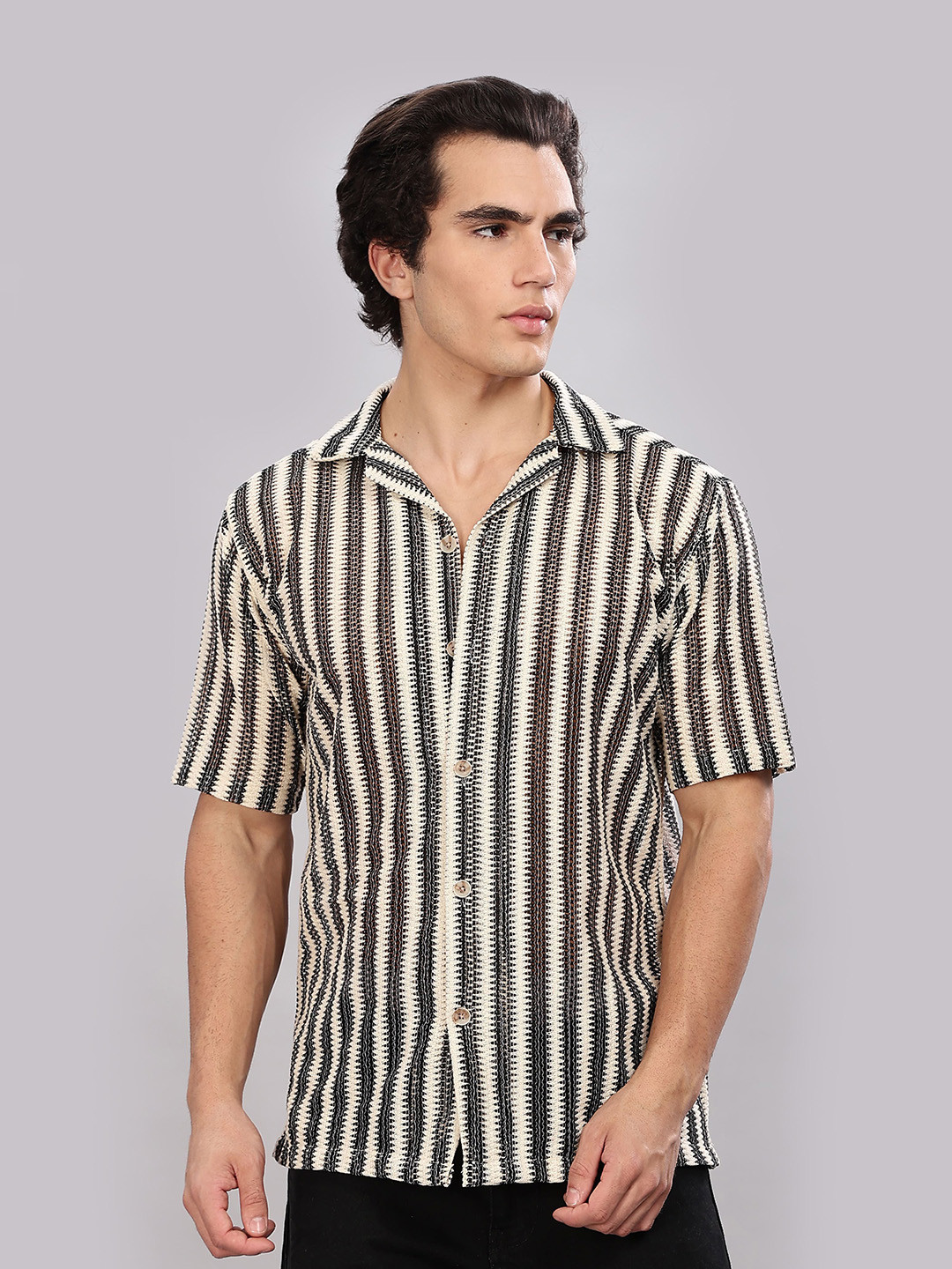 Kolor Fusion Men Relaxed Fit Vertical Striped Cuban Collar Cotton Casual Shirt