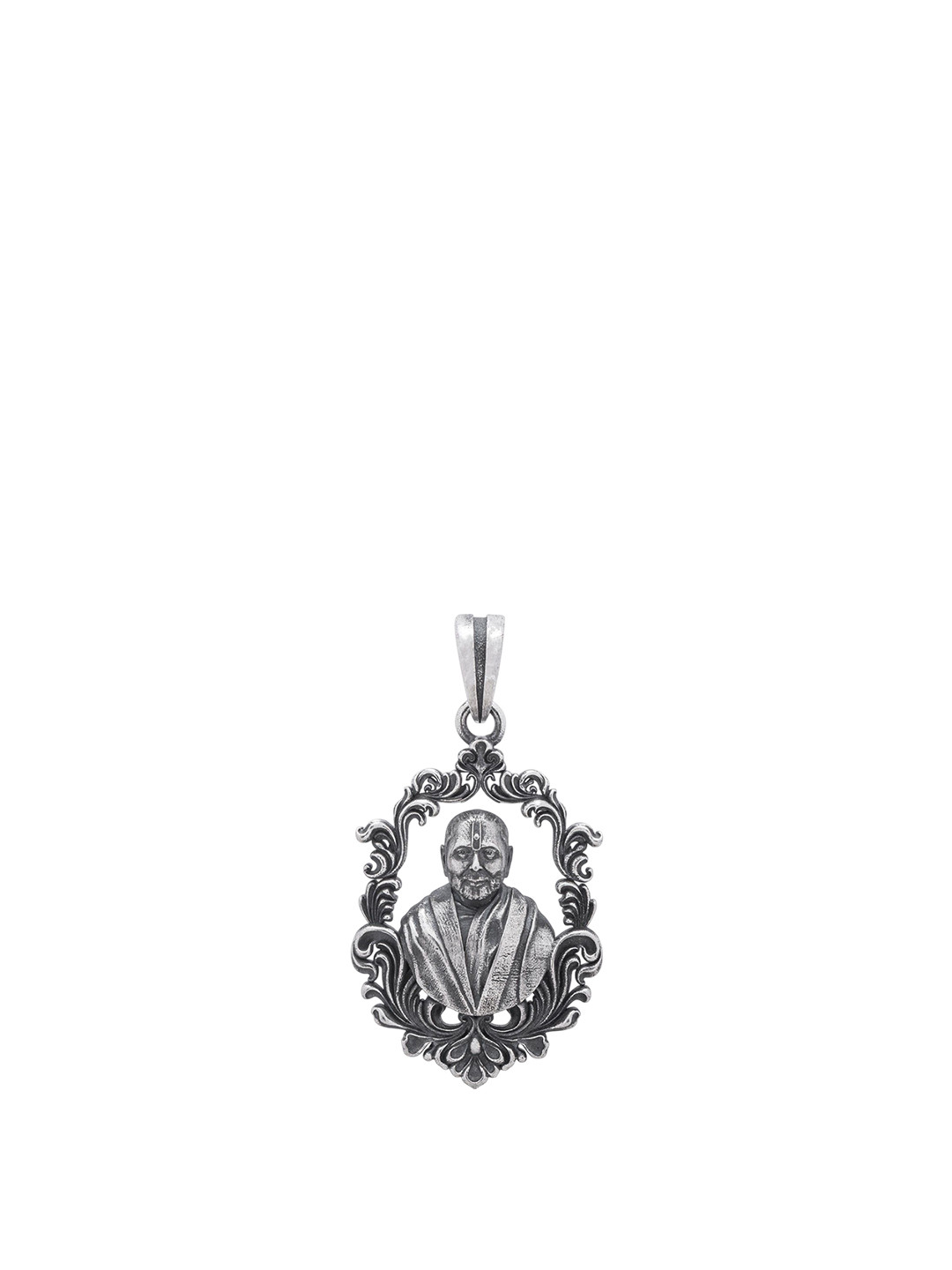 Exotic India Unisex Sterling Silver Pramukh Swami Maharaj Antique Finish Pendant