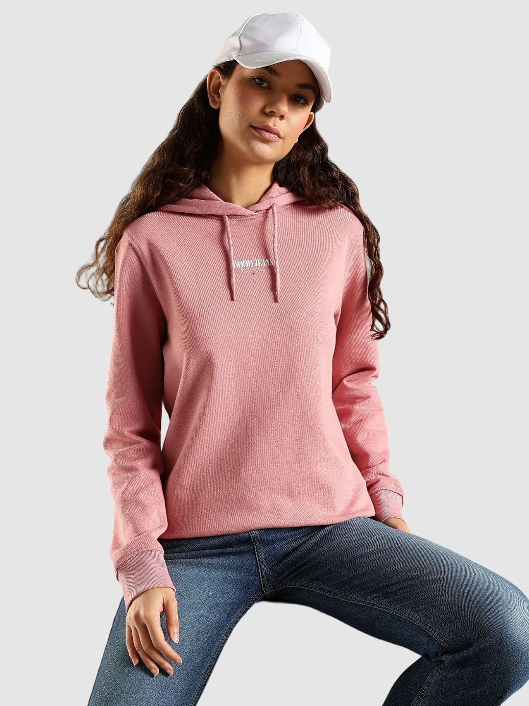 Tommy Hilfiger Women Brand Logo Self Design Cotton Hoooded Neck Sweatshirt