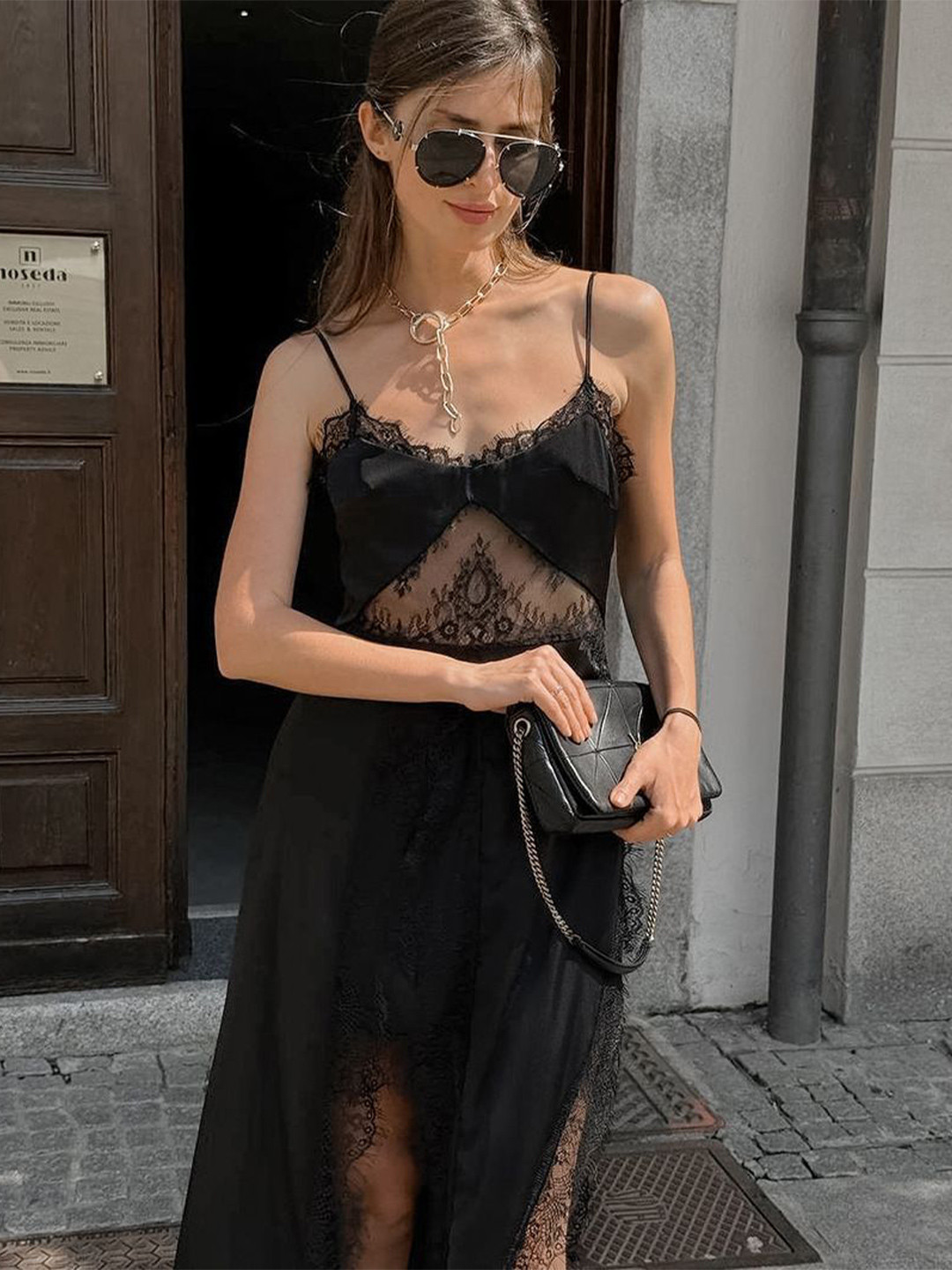 StyleCast Women Black Lace Trim High-Low Maxi Dress