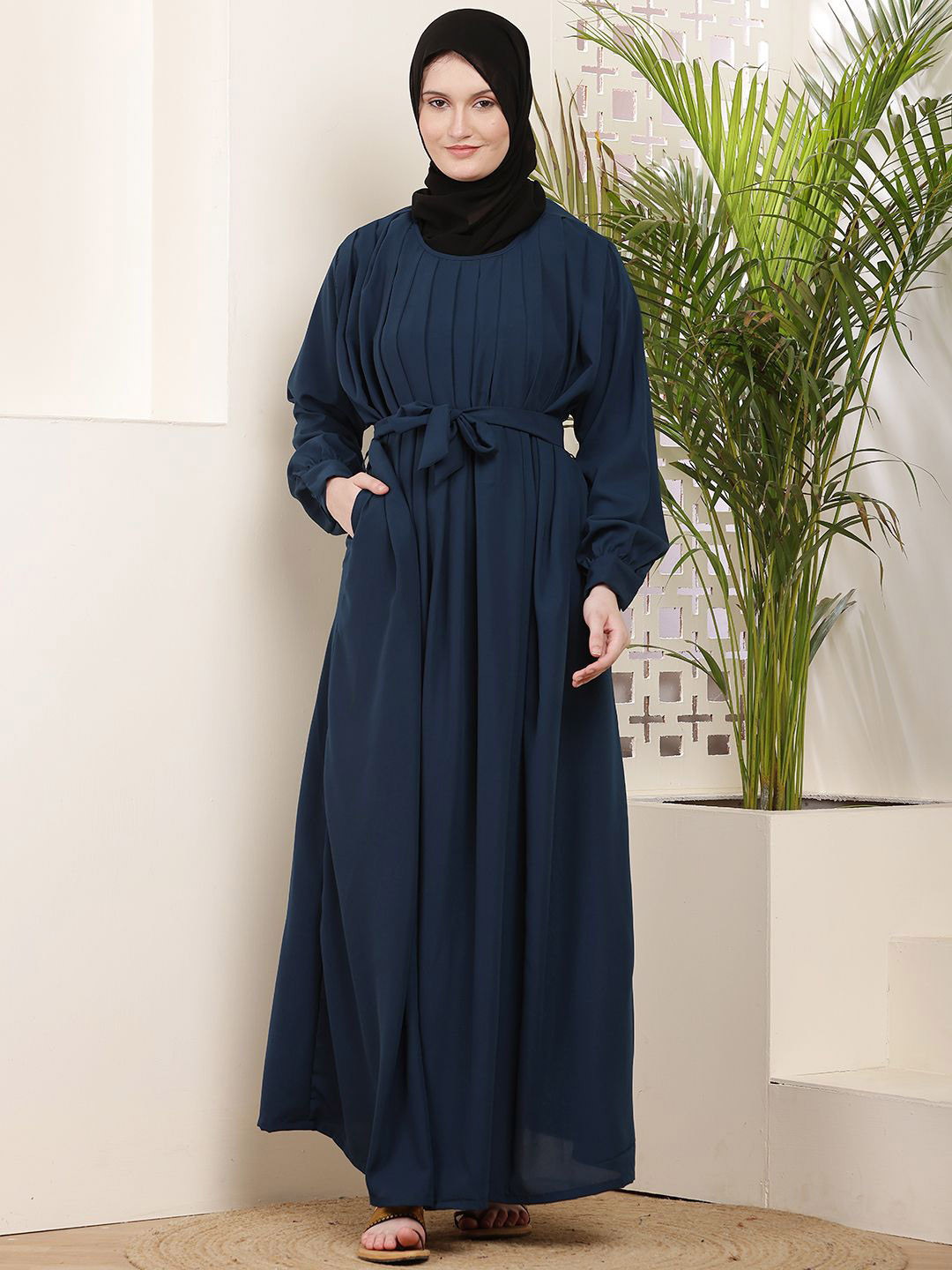 Tawakkul Clothes Pleated Abaya Detail Burqa With Scarf