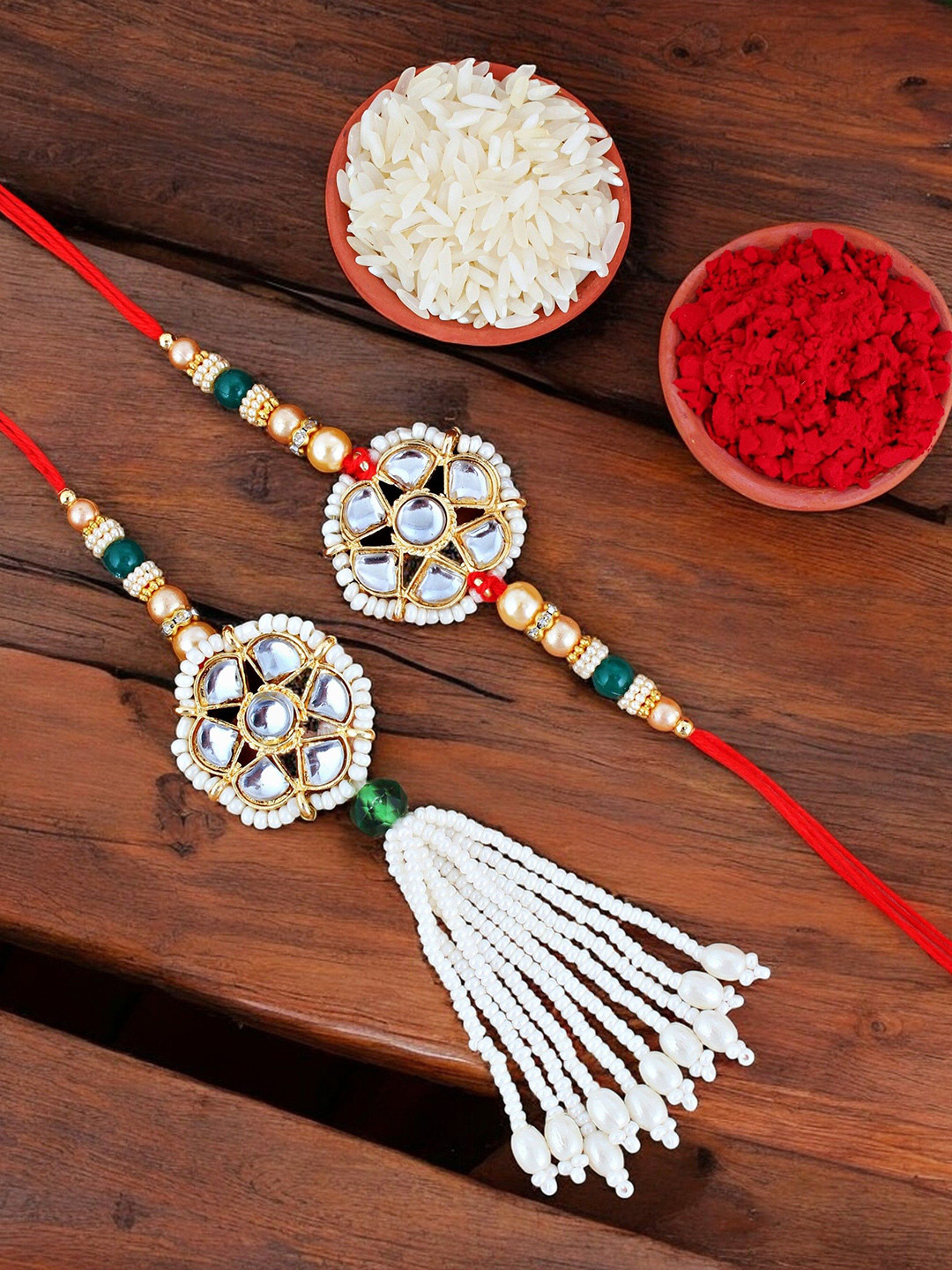 LUCKY JEWELLERY Floral Design Stones Studded & Beaded Bhaiya Bhabhi Rakhi