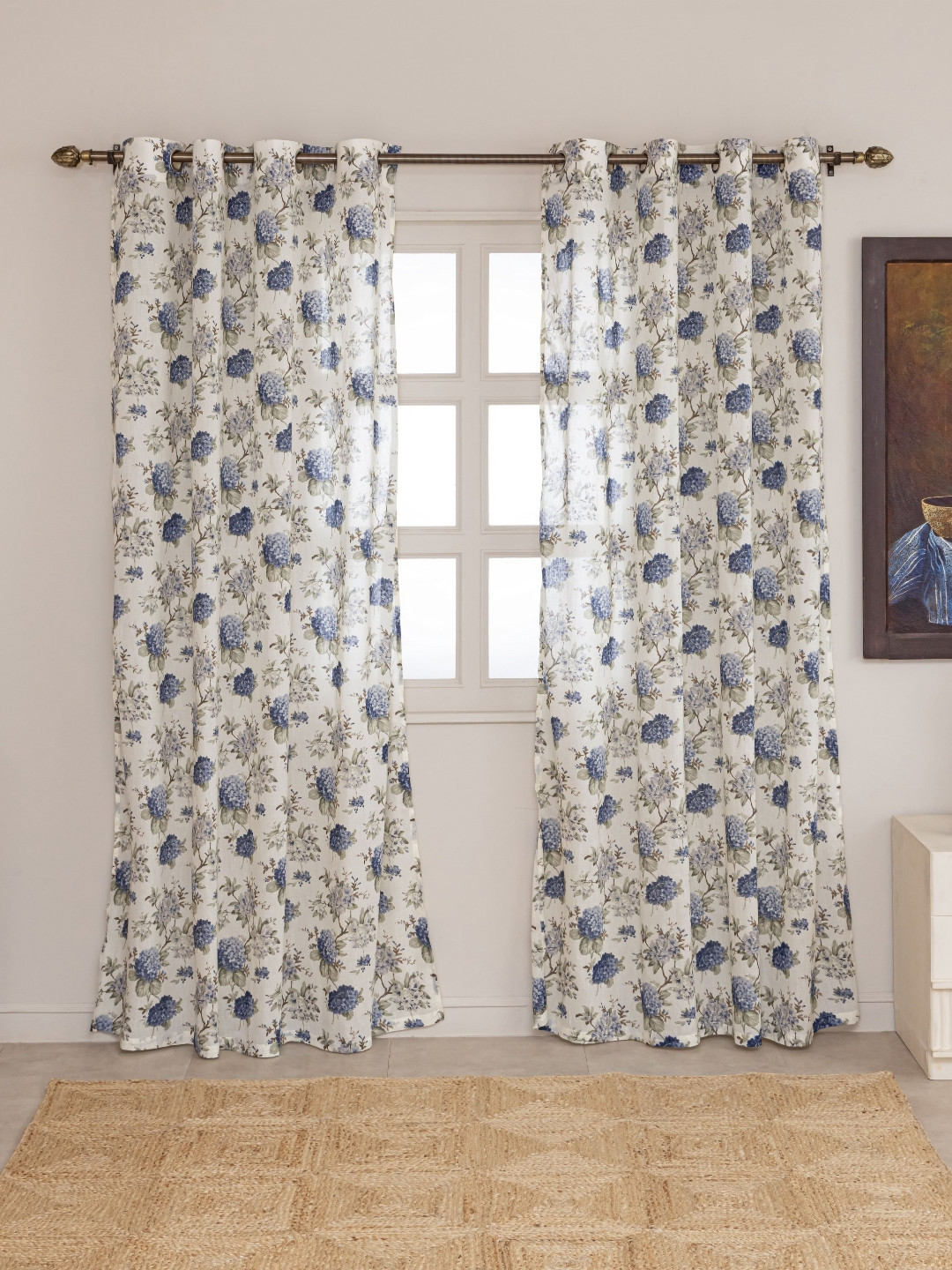 Clasiko Twilight Bloom White & Grey 2 Pieces Printed Cotton Sheer Door Curtains