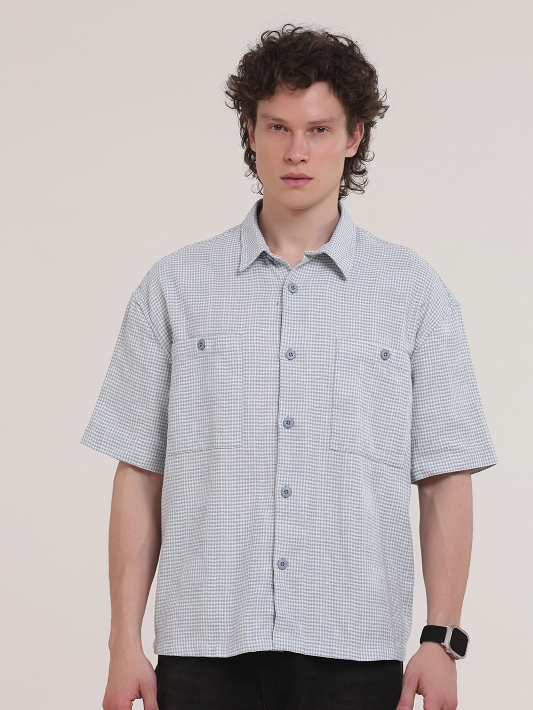 Espanshe Michek Oversized Micro Checked Short Sleeves Cotton Shirt