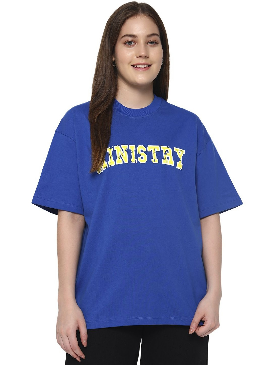 ministry Women Typography Printed Round Neck Pure Cotton Oversized T-shirt