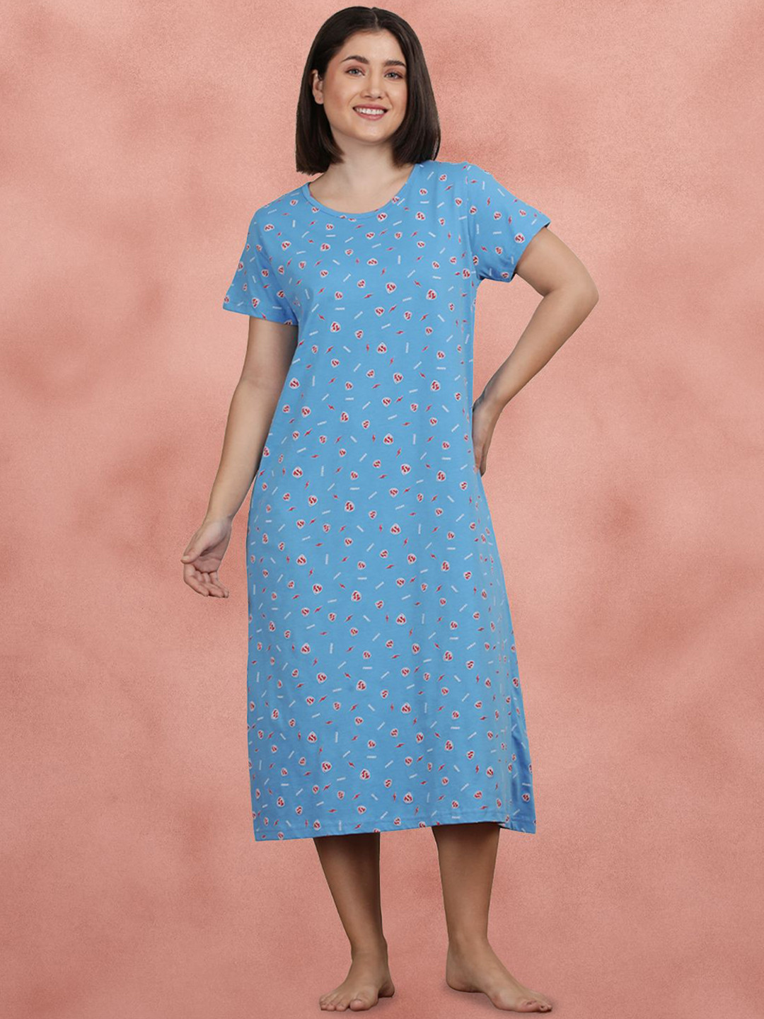 shyaway All Over Floral Printed Pure Cotton Midi Night Dress