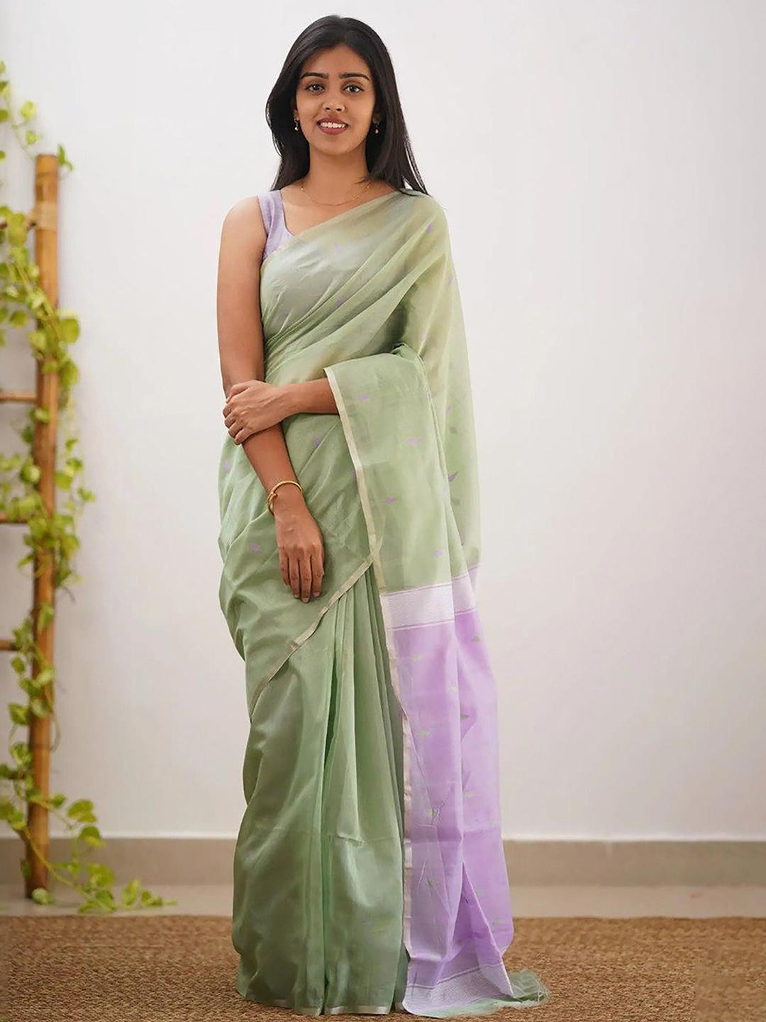 CaniBani Green Cotton Blend Banarasi Sarees