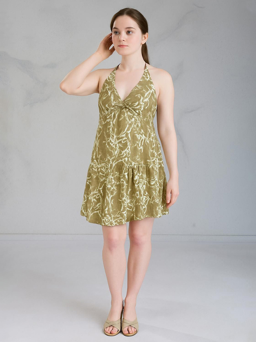 HOUSE OF MIRA Printed Halter Neck Cotton Drop-Waist Dress