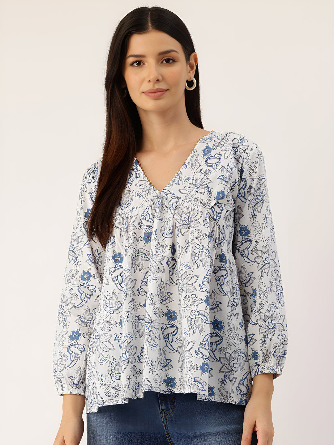 Rangun Women Floral Printed V-Neck EmpireTop