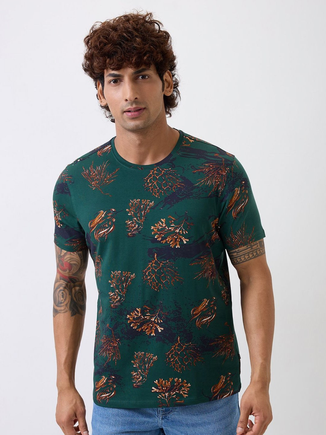 SPYKAR Floral Printed Cotton Slim Fit T-shirt