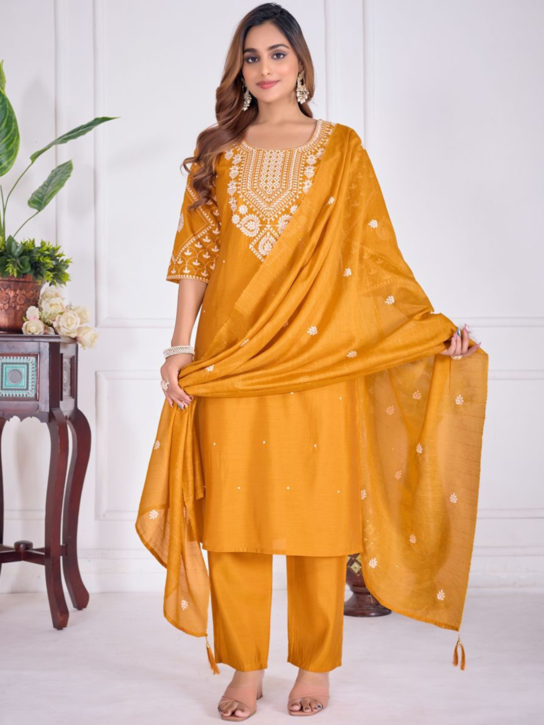 Vastukala Embroidered Thread Work Chanderi Cotton Kurta With Trousers & Dupatta