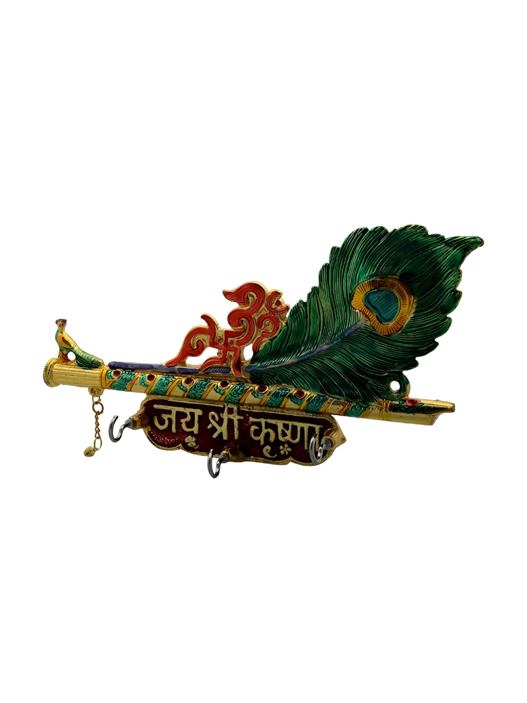 CRAFTAM Jai Shree Krishna Basuri With Mor Pankh Key Holder With 3 Hooks
