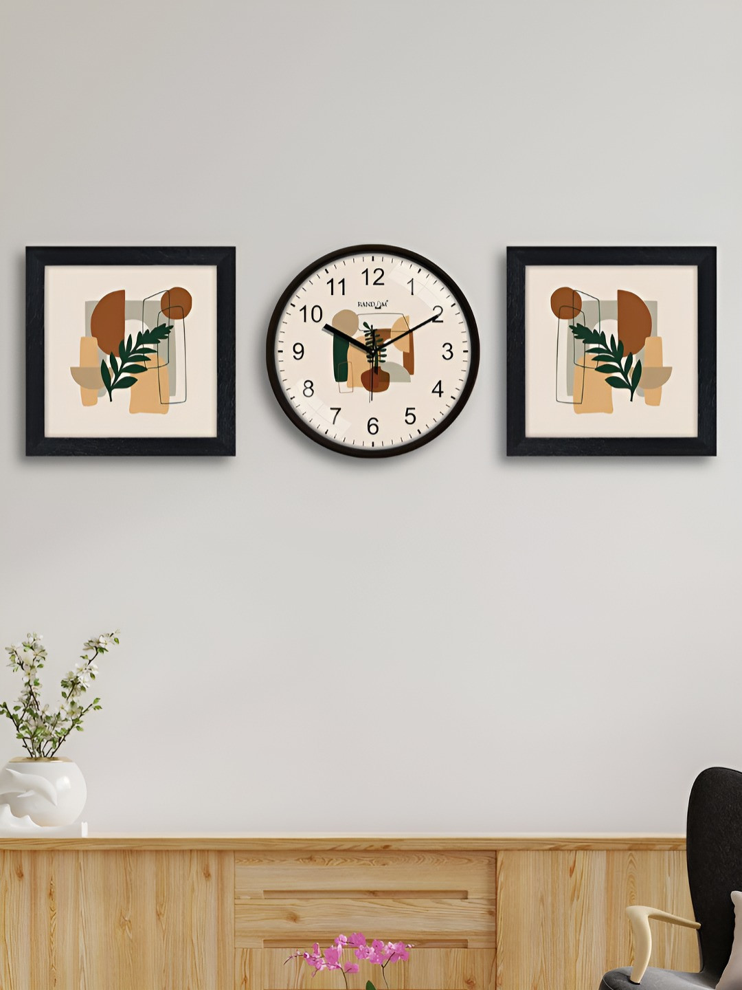 RANDOM Off White & Brown 3 Pieces Printed Contemporary Wall Clock & Wall Art