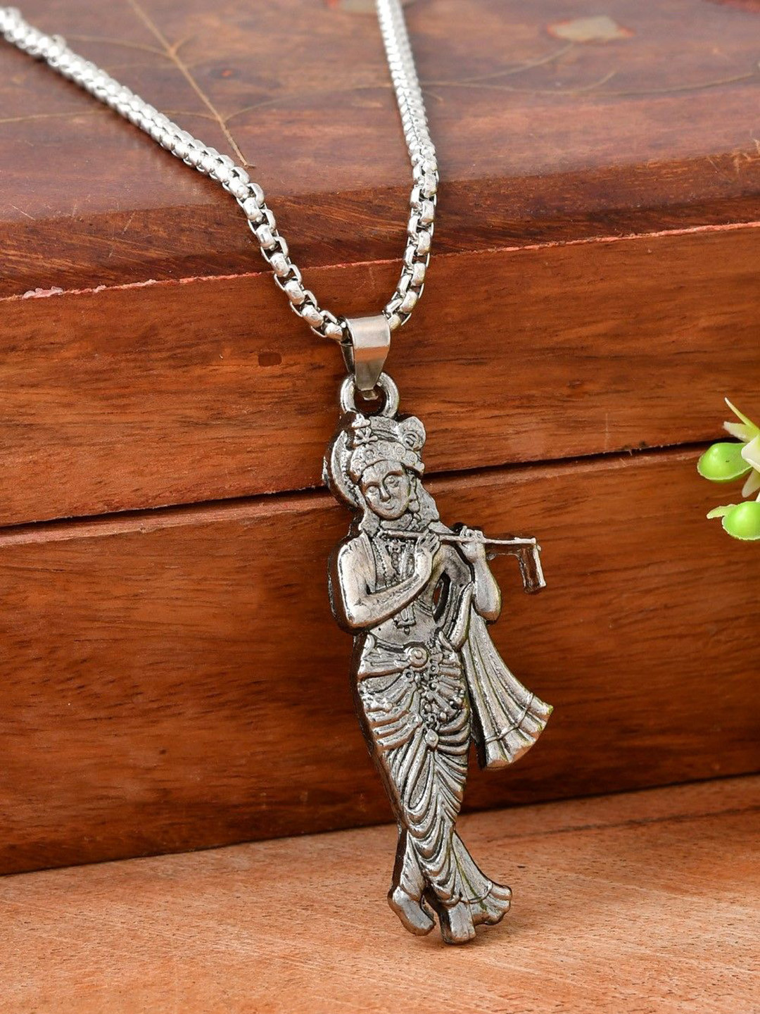 AGARWALPRODUCT Unisex Stainless Steel Silver-Plated Murlidhar Pendant With Chain