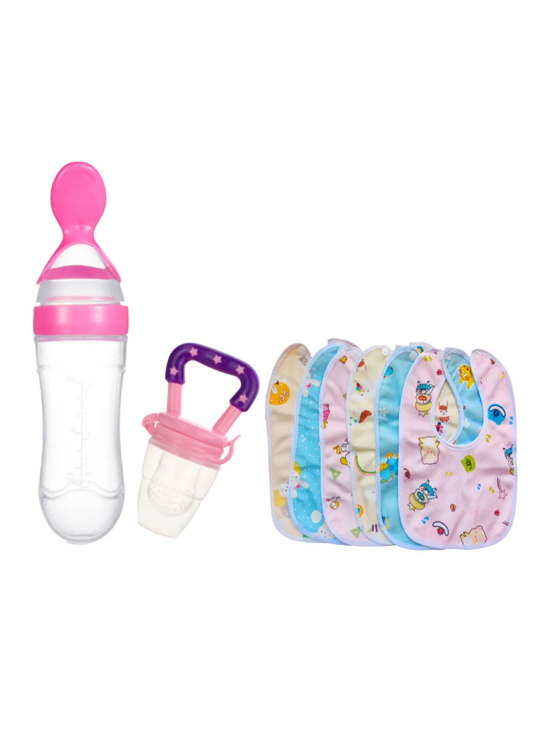 Kritiu Set Of 8 Food Feeder, Fruit Nibbler & Cotton Bibs - Pink