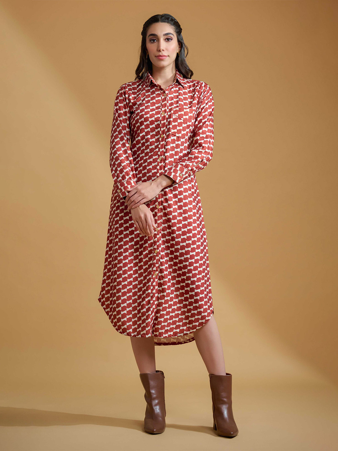 R.Code by The Roadster Life Co. Women Geometric Printed Shirt Midi Dress