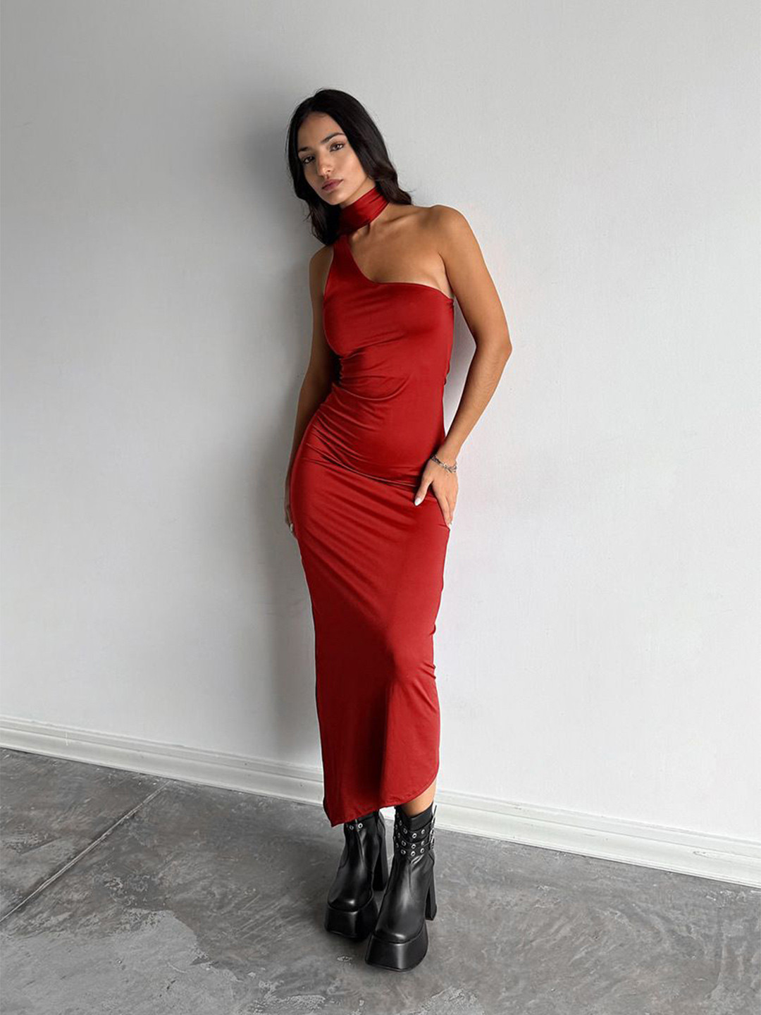 StyleCast Women Rust Solid Scarf Neck Maxi Dress