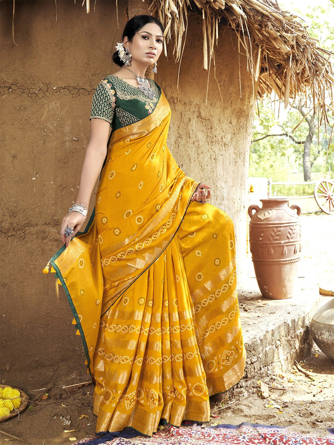 KALINI Women Bandhani Rich Zari Weaving Saree With Embroidered Blouse Piece