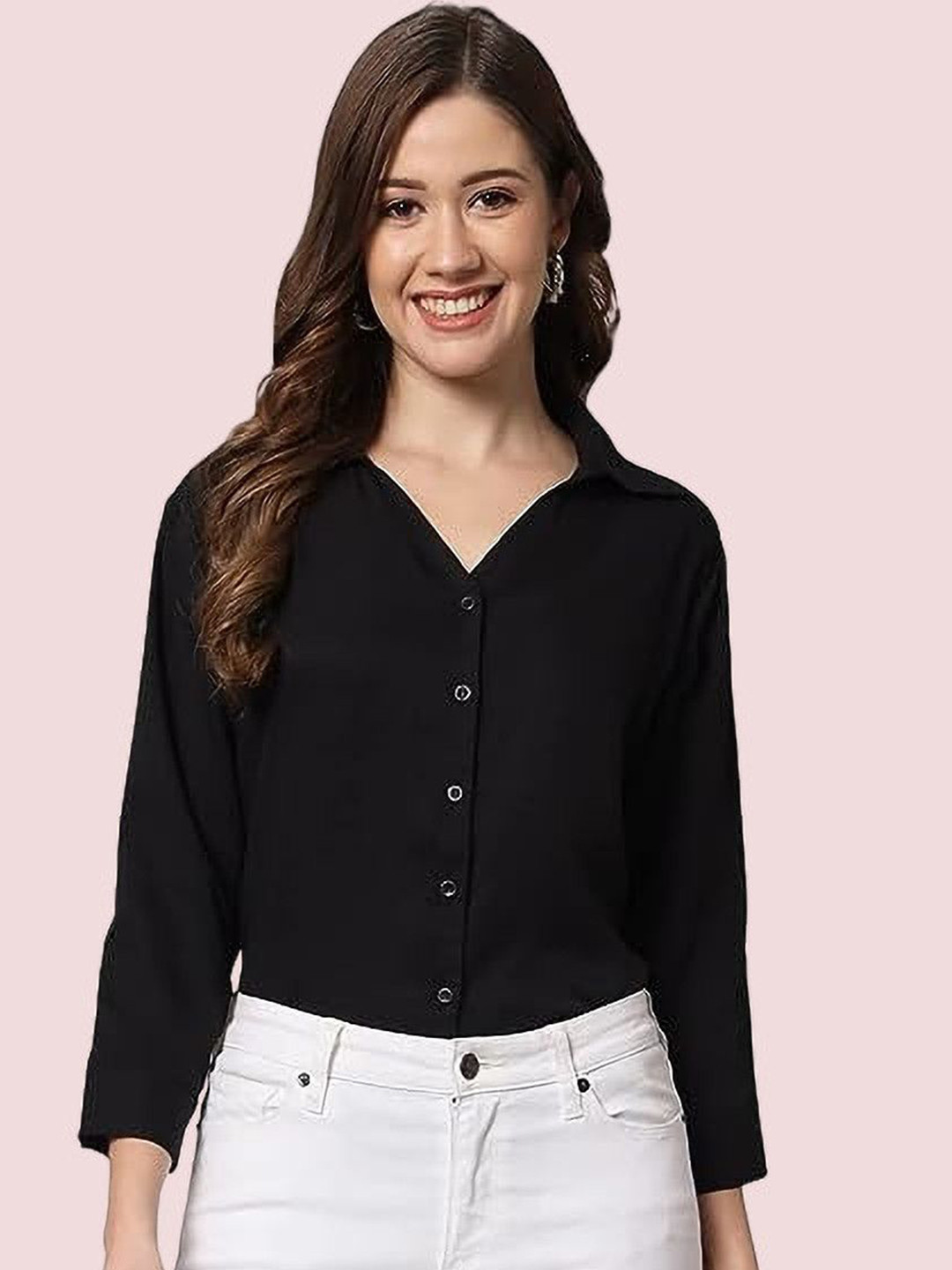 ANN SPRINGS Spread Collar Crepe Three-Quarter Sleeves Regular Fit Casual Shirt