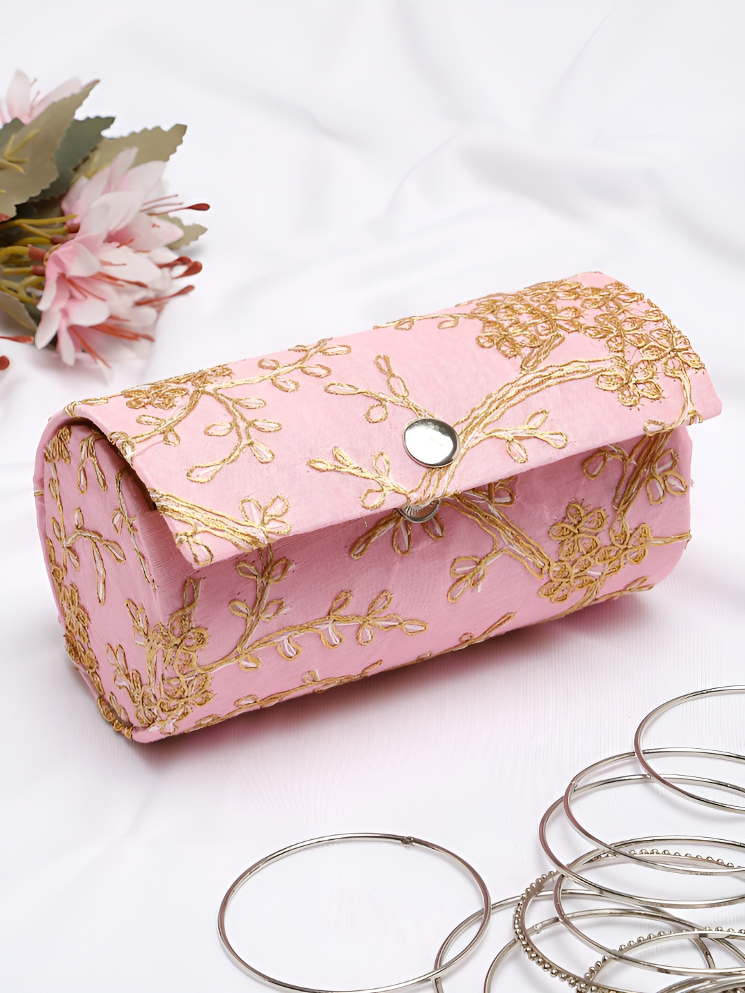 YouBella Pink And Gold-Toned Self Design Water Resistant Jewellery Organiser