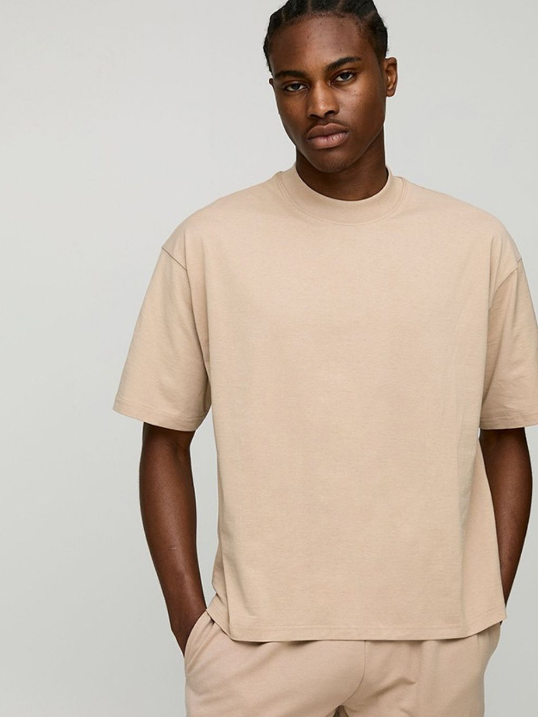 Beige Oversized Round Neck Cotton T-shirt