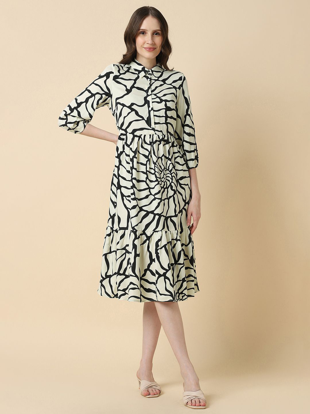 Allen Solly Woman Printed Shirt Collar Tiered Fit and Flare Midi Dress