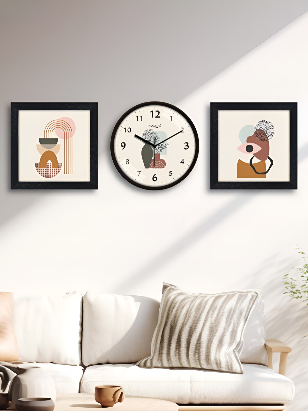 RANDOM 3 Pieces White & Brown Abstract Printed Contemporary Wall Clock & Wall Arts