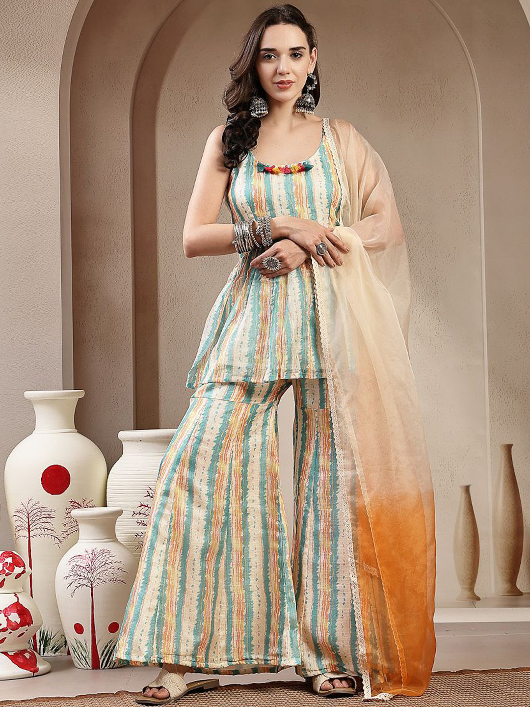 Stylum Abstract Printed Kota Doria Lehriya A-Line Kurta With Sharara & Dupatta
