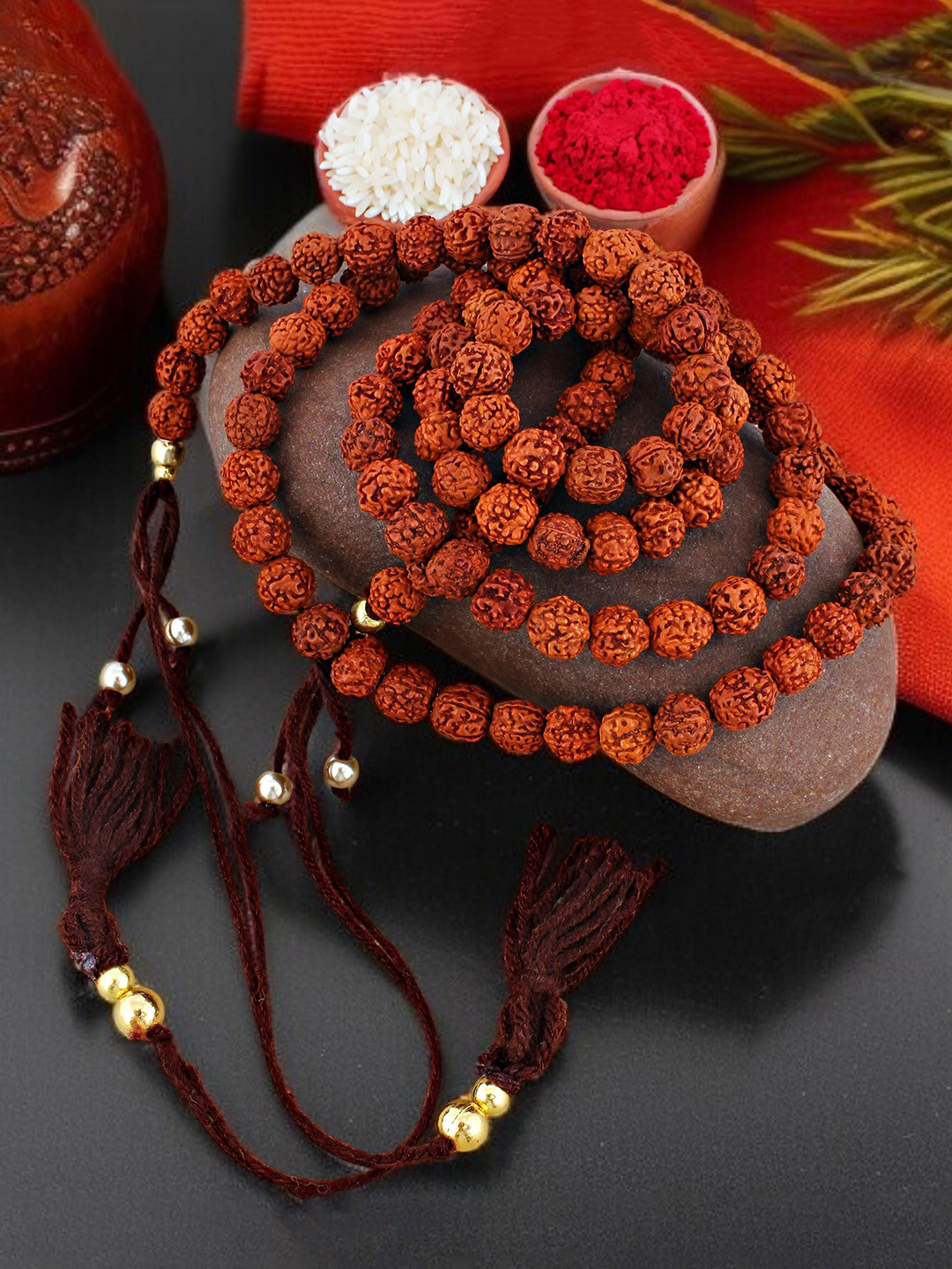 LUCKY JEWELLERY 2Pcs Religious Rudraksha Bracelet Rakhi With Greeting Card & Roli Chawal