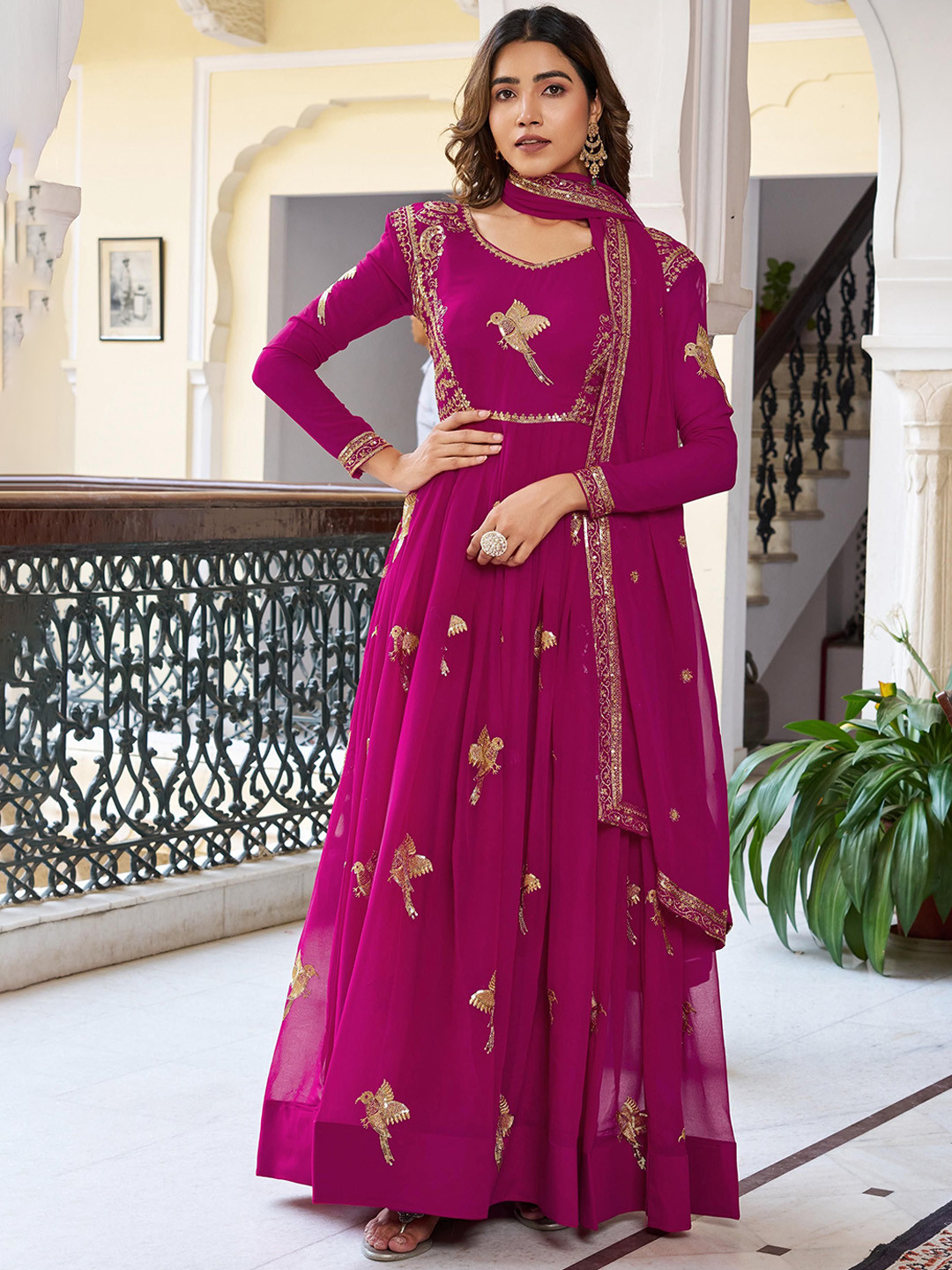 CANBIA Women Ethnic Motifs Embroidered Anarkali Kurta with Palazzos & Dupatta