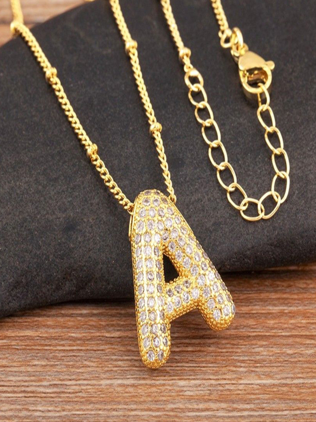 VIEN Stainless Steel 18K Gold-Plated Zircon-Studded A Letter Pendant With Chain