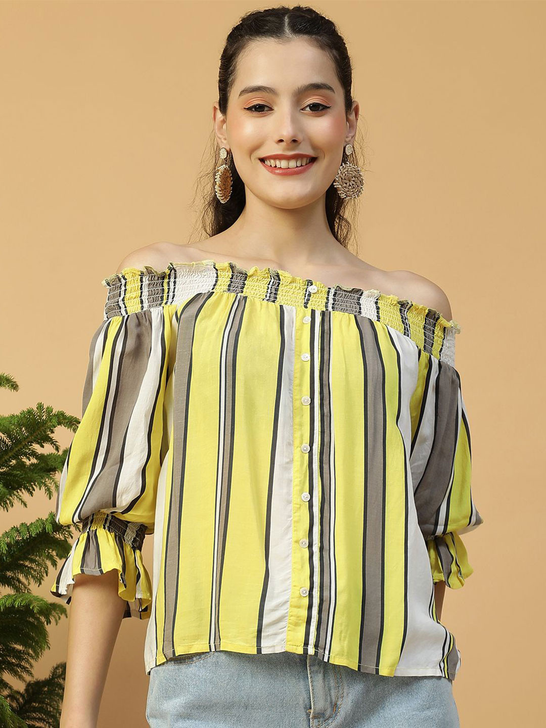 Oxolloxo Women Striped Off-Shoulder Bell Sleeve Styled Back Top