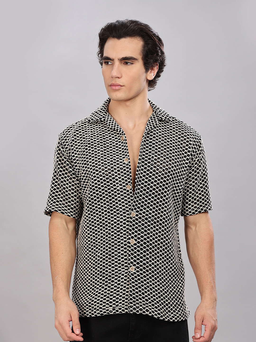 Kolor Fusion Relaxed Fit Self Design Spread Collar Drop-Shoulder Sleeves Cotton Shirt